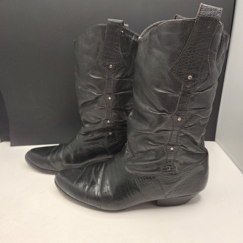 Vintage Black Leather Slouch Western Boots Size 9 Studded Croc Embossed Pointed